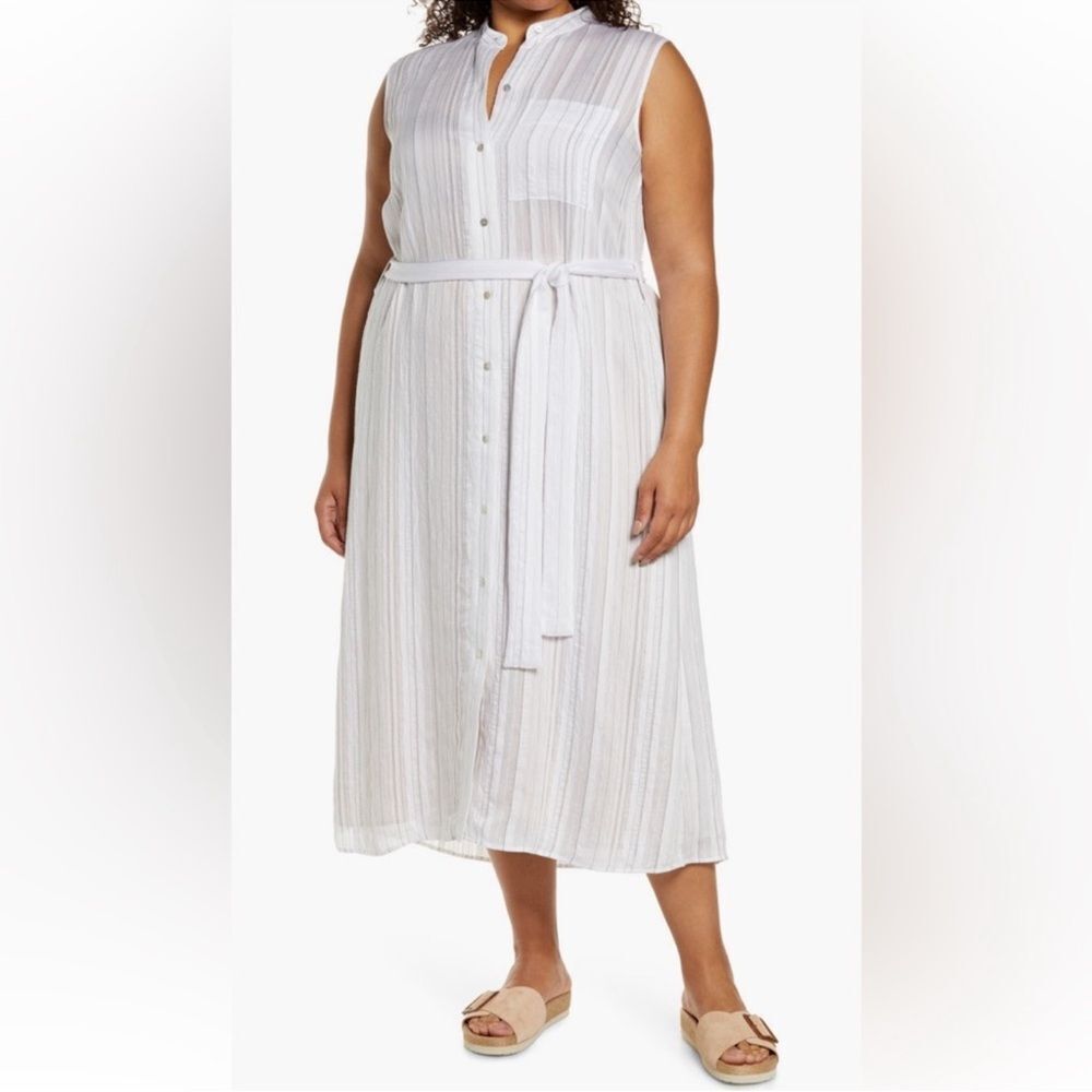 Vince Stripe Sleeveless Shirtdress tie waise shirt dress midi maxi white XXL NWT